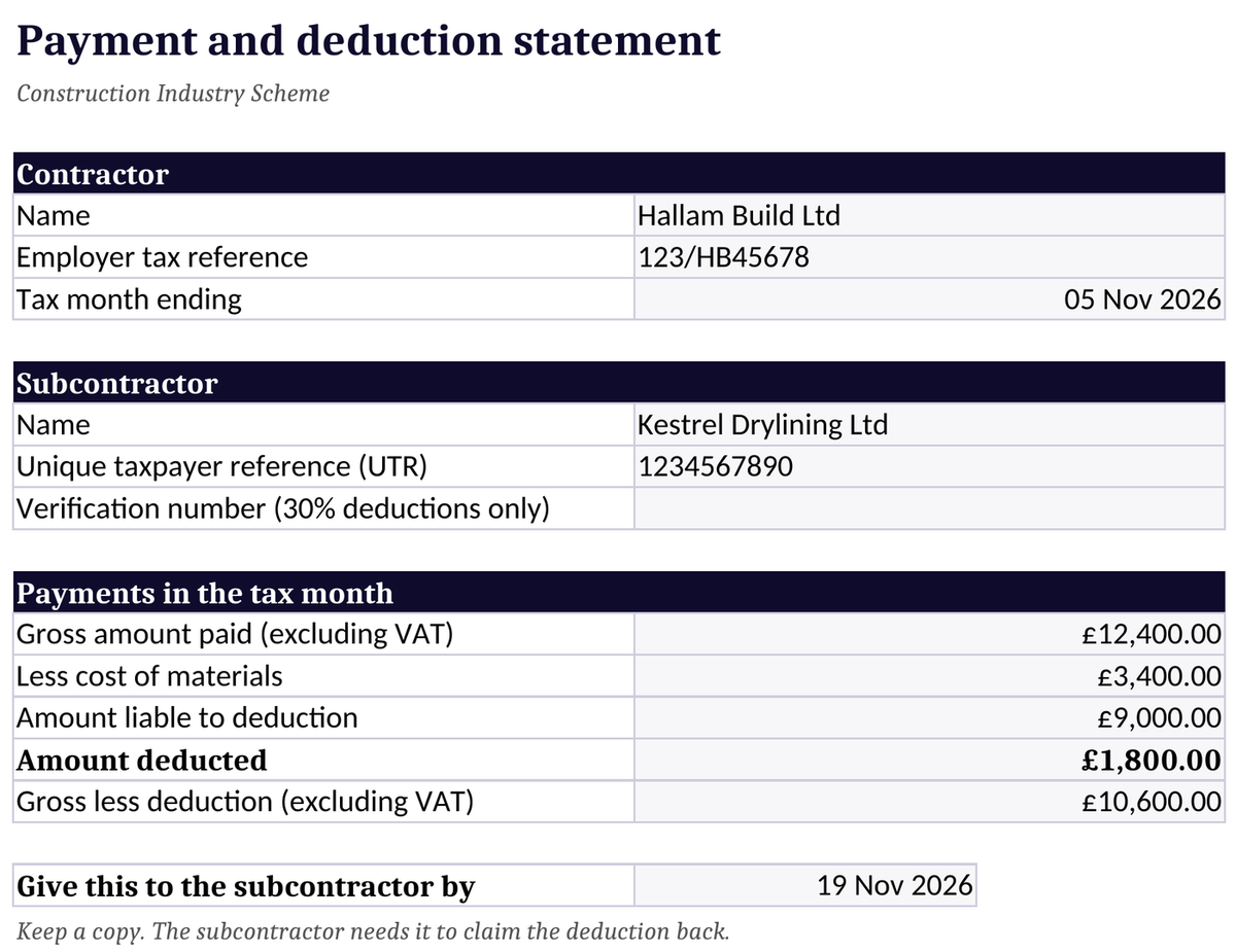 CIS payment and deduction statement template in Excel showing contractor, subcontractor UTR, gross paid, materials and amount deducted