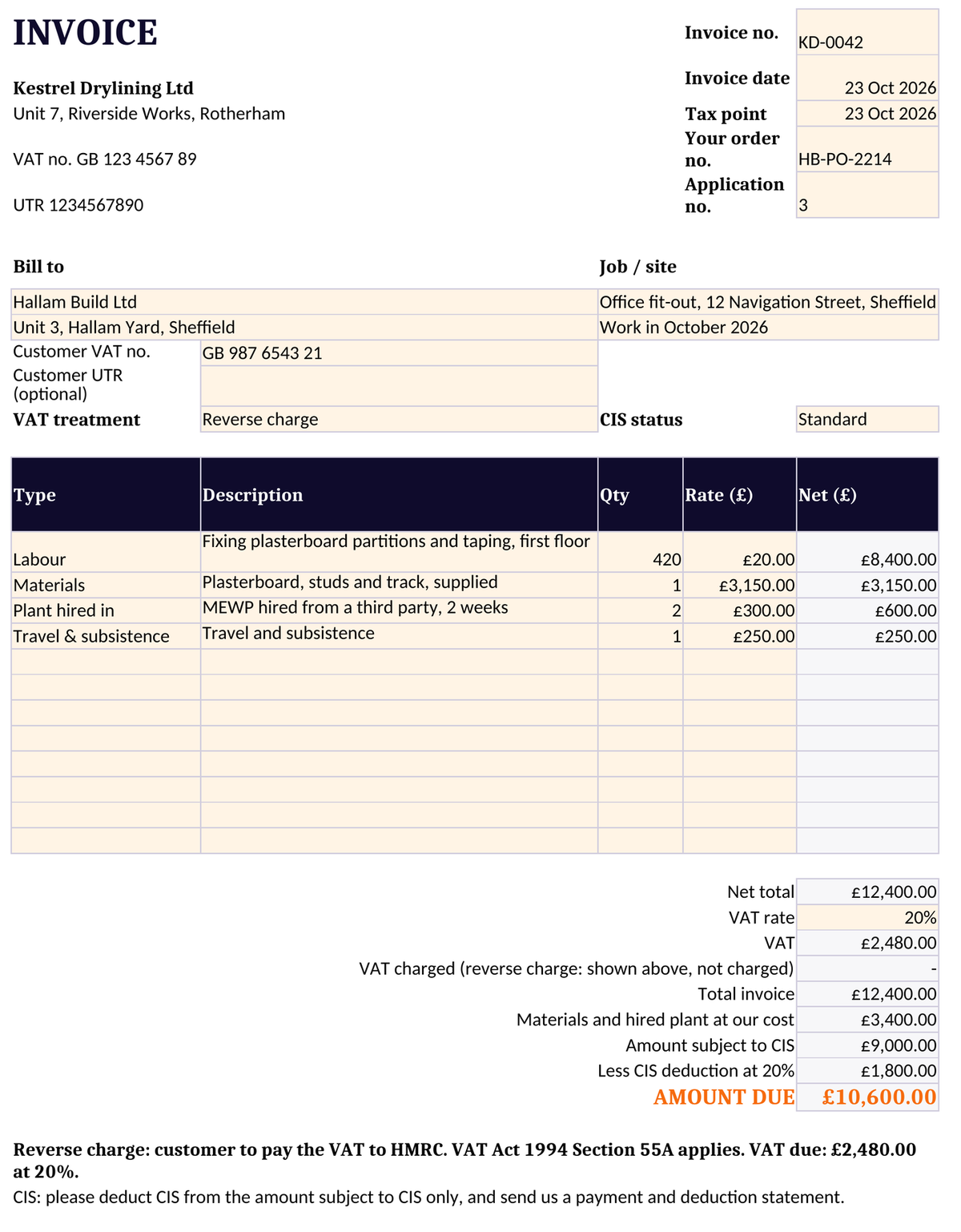 CIS invoice template in Excel: labour, materials, hired plant and travel lines, CIS deduction at 20% and reverse charge VAT wording