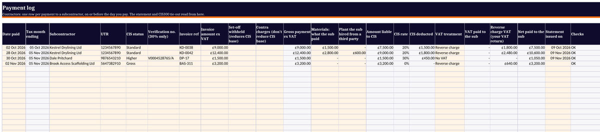 CIS payment log in Excel: one row per payment with tax month, CIS status, materials, deduction and net paid