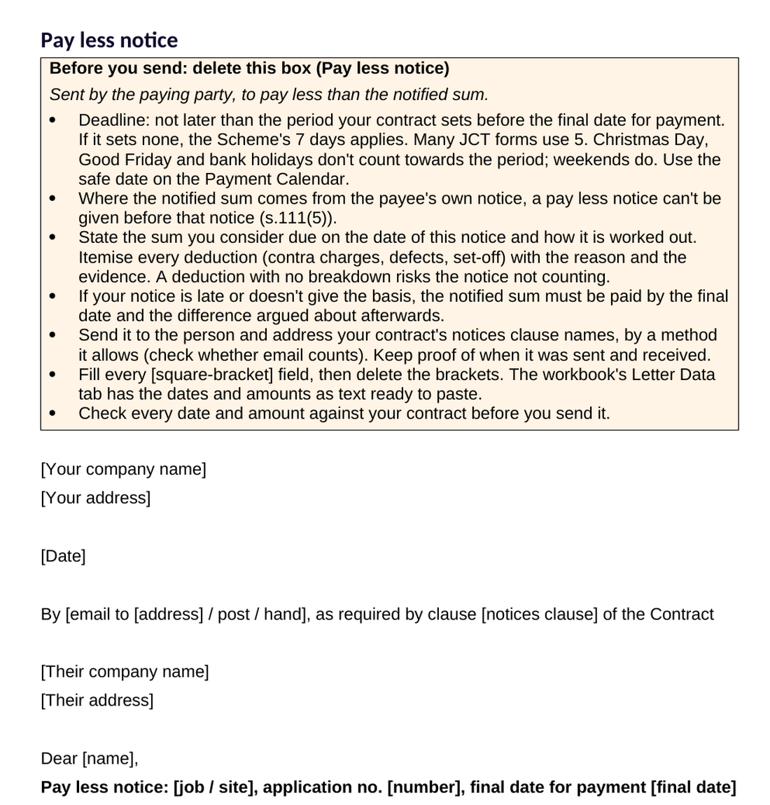 Pay less notice template in Word: a before-you-send checklist of the deadline and what the notice must say, then the letter with fields for the notified sum, the sum now due and the basis of calculation