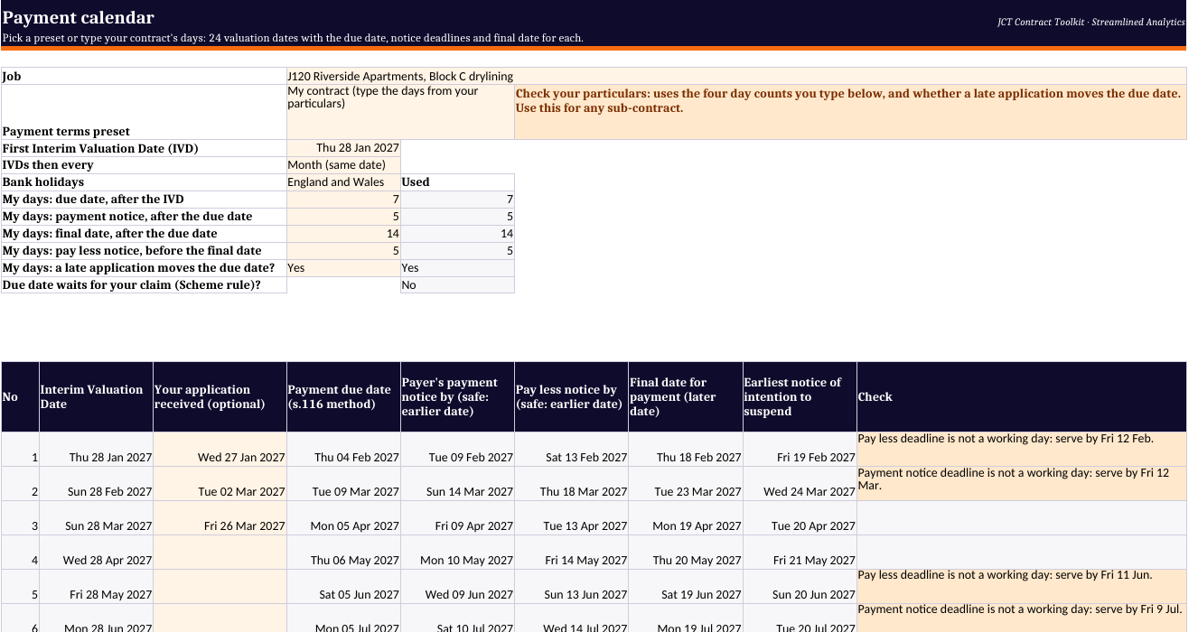 JCT Contract Toolkit in Excel: the payment calendar with a payment terms preset, the day counts used, and each interim valuation date's due date, payment notice deadline, pay less deadline and final date for payment, with weekend and bank holiday warnings