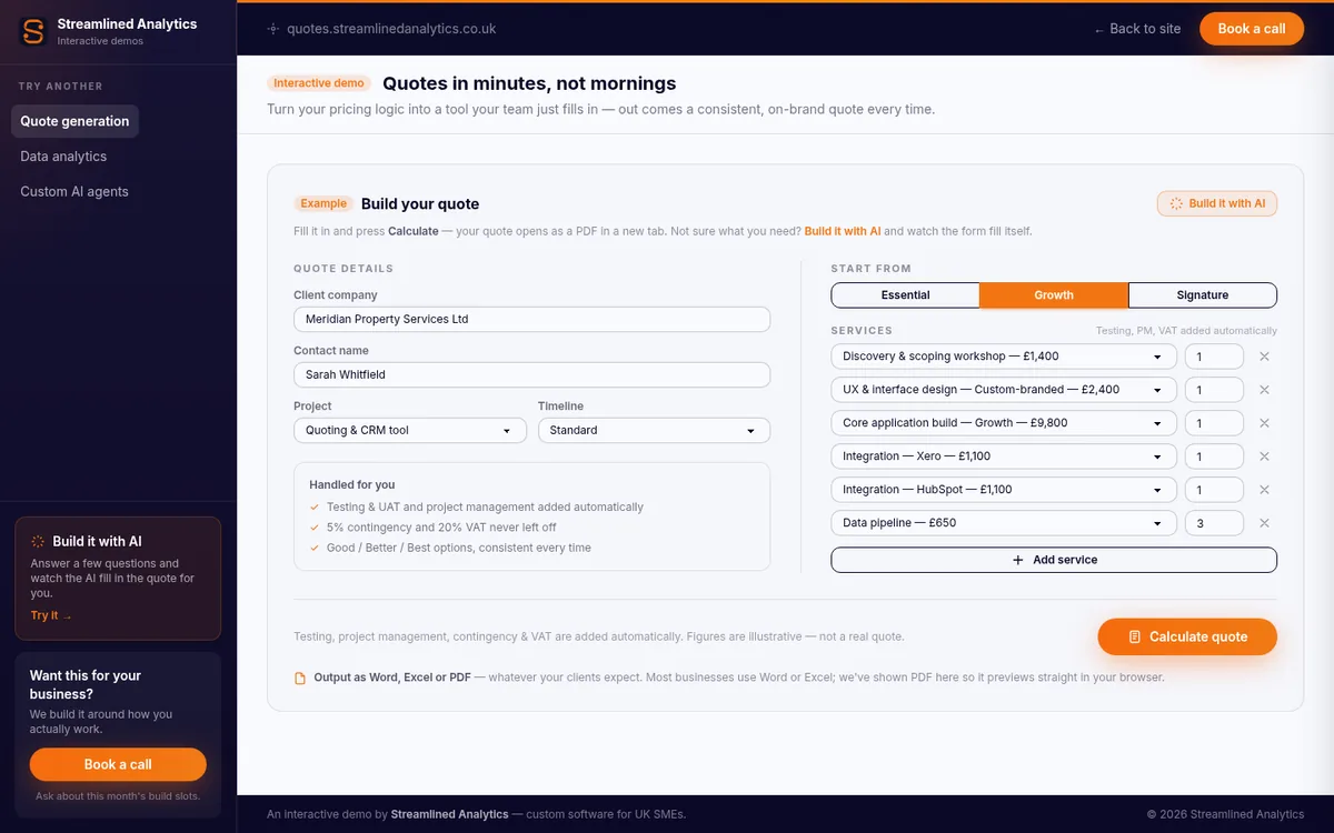 The Streamlined Analytics quote builder: a services form that produces a consistent, on-brand quote in one click
